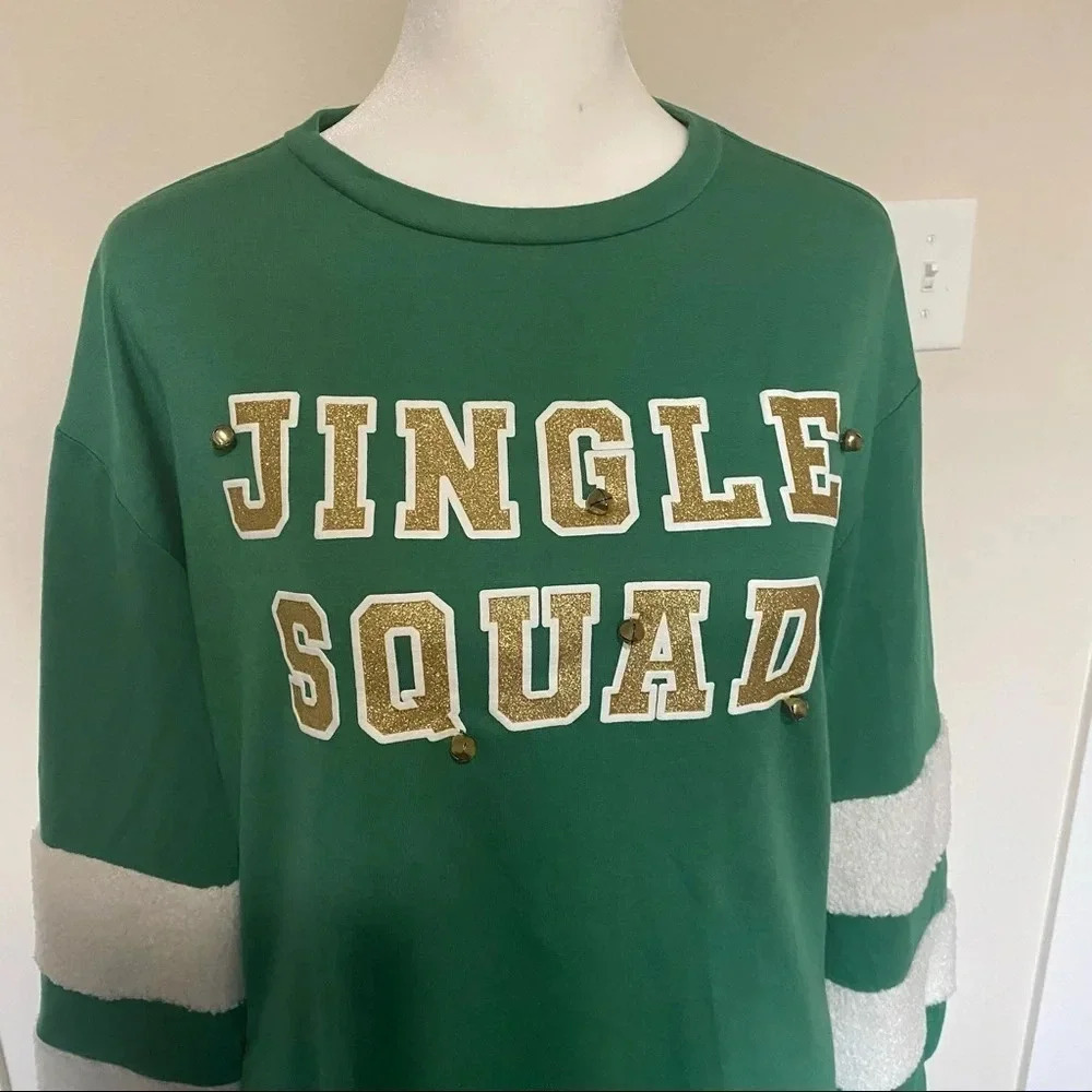 Joyland Green Christmas Holiday Pullover Sweater “Jingle Squad” With Real Bells - Picture 5 of 12